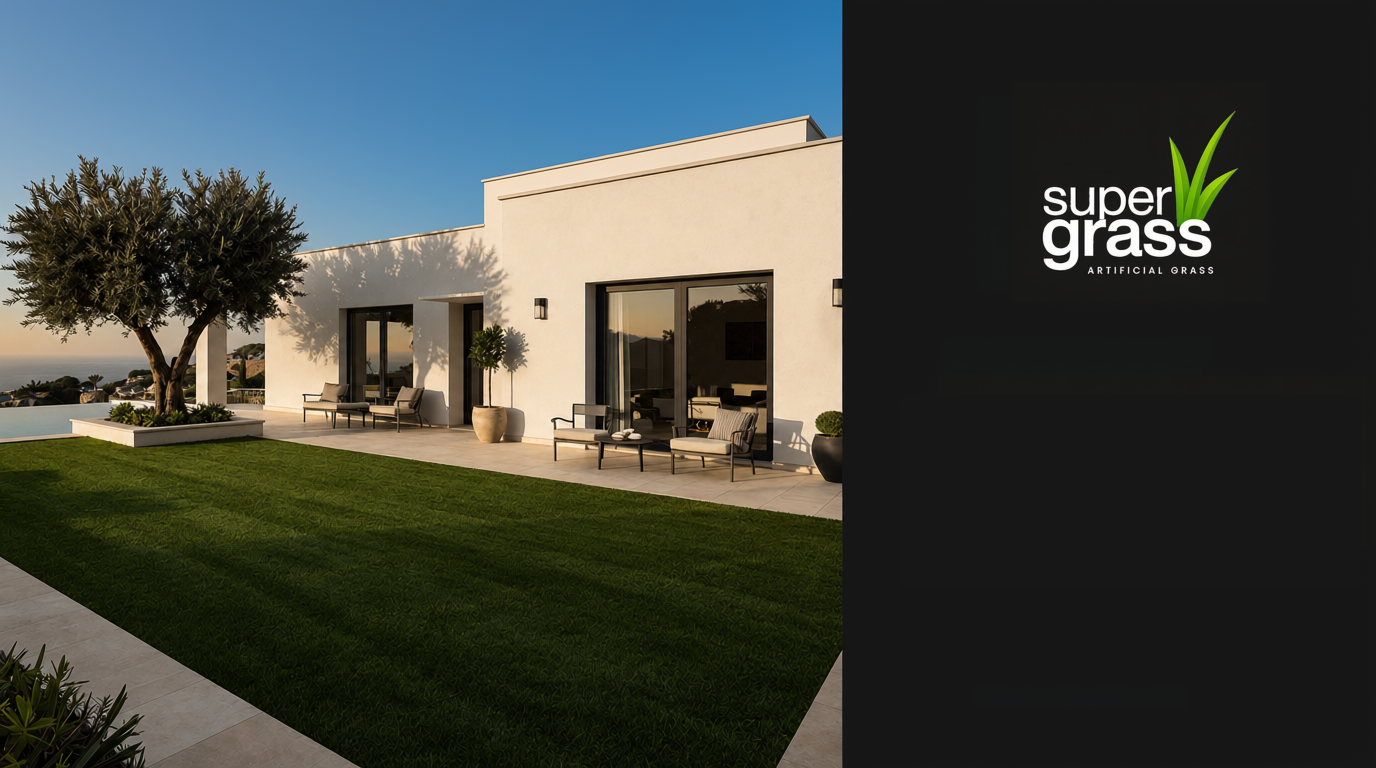 Premium villa with artificial grass garden at sunset — SuperGrass Costa del Sol Marbella