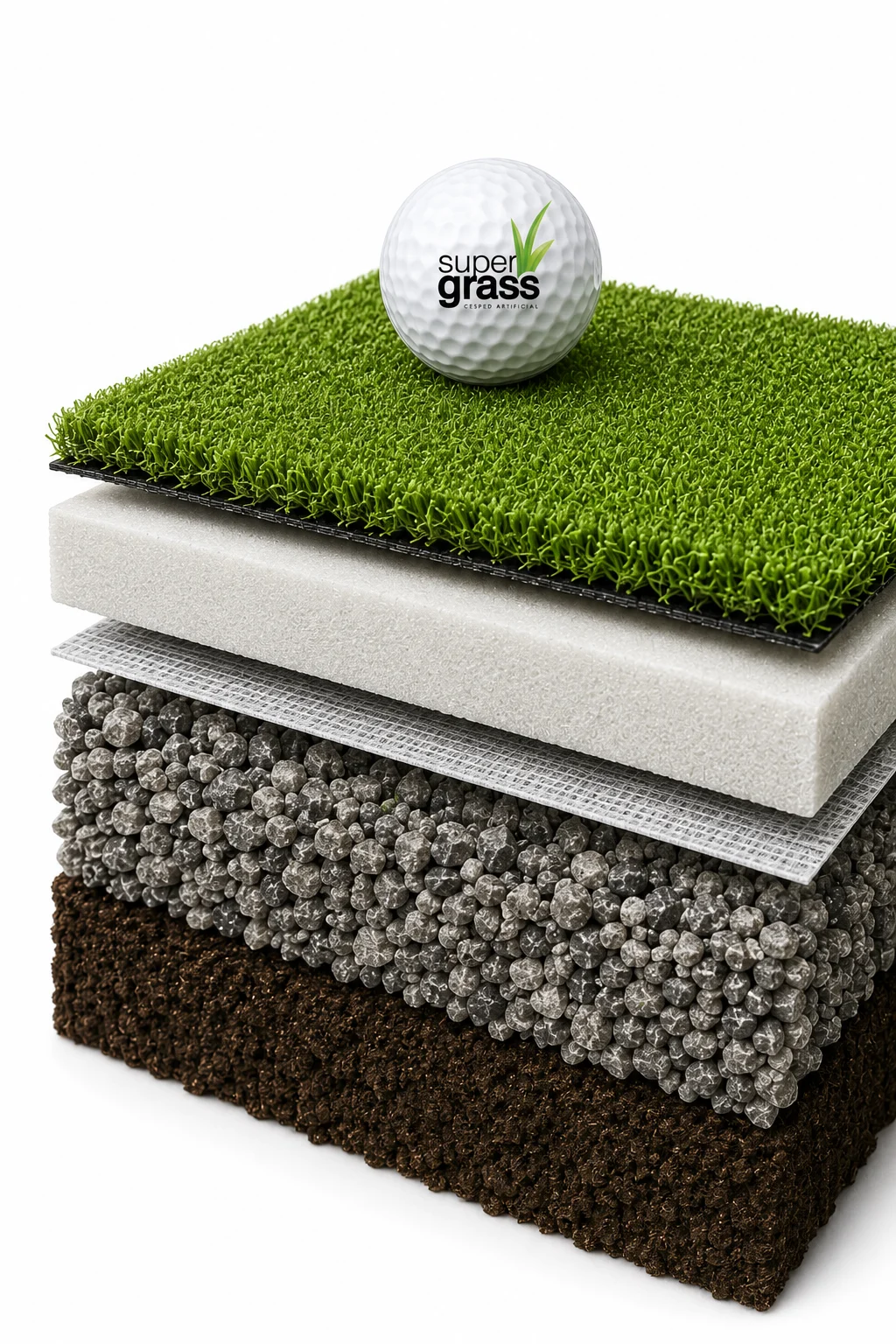 Cross-section of a SuperGrass putting green build-up: turf, shock pad, geotextile membrane, compacted gravel base and prepared ground