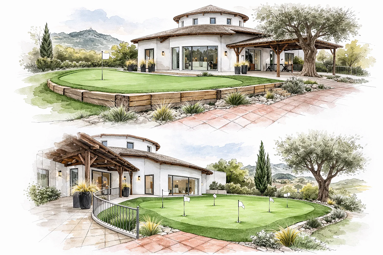 Watercolour design visualisation of a custom putting green beside a Costa del Sol home