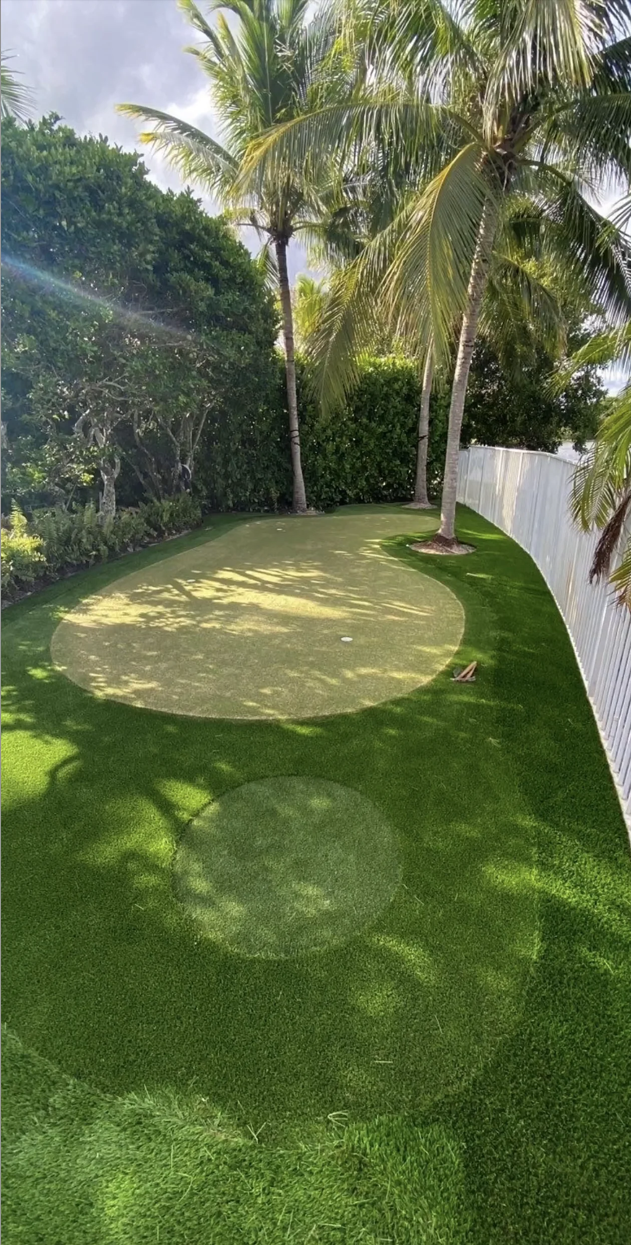 Putting green between palm trees in a private garden
