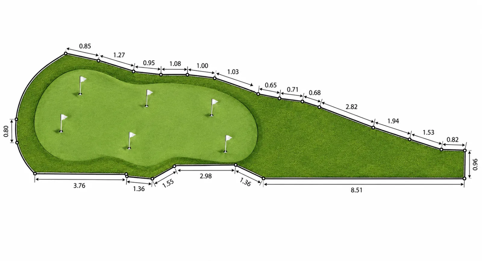 Plano con medidas de un green de golf en casa con búnkeres