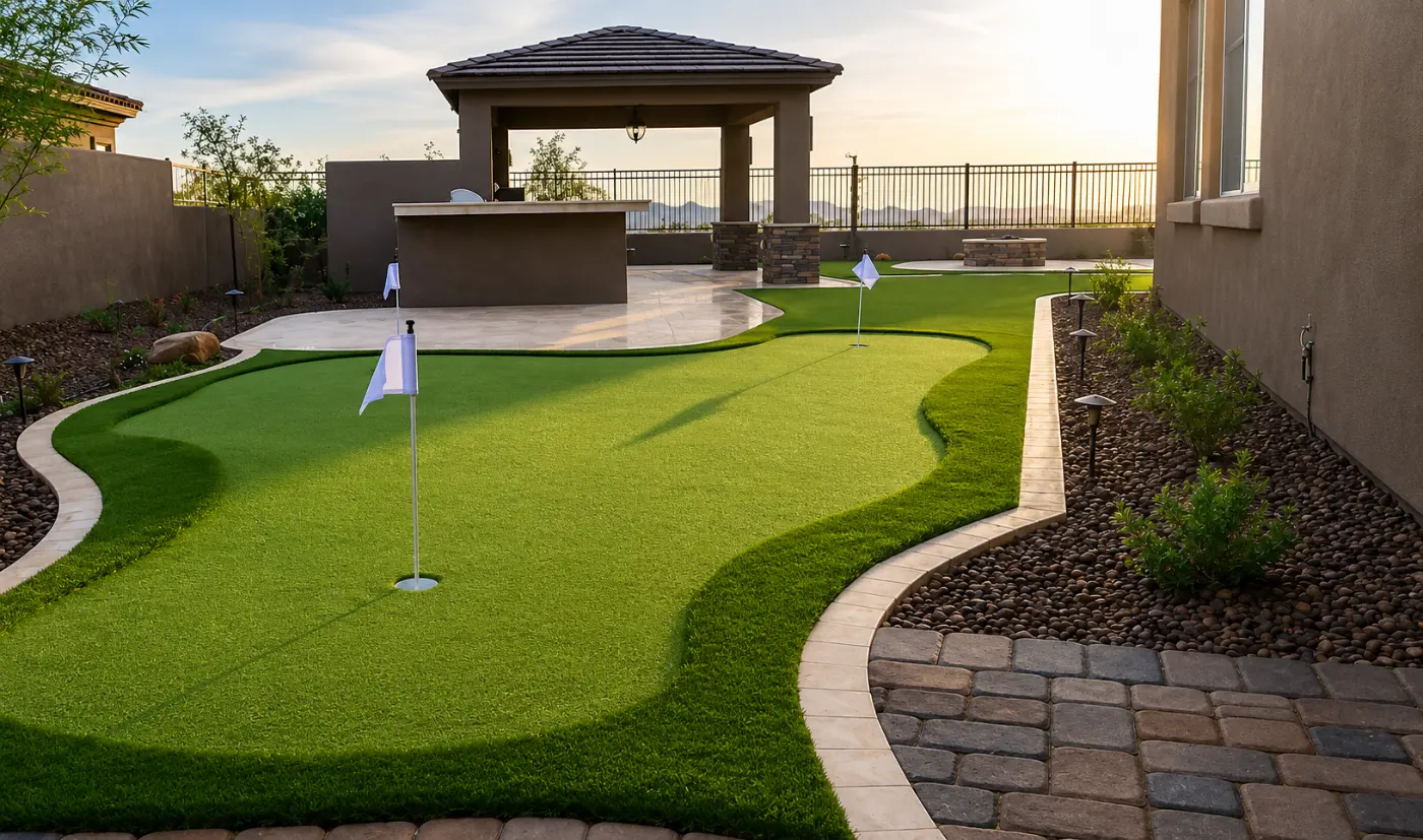 Idea de green de golf con varios hoyos junto a una terraza