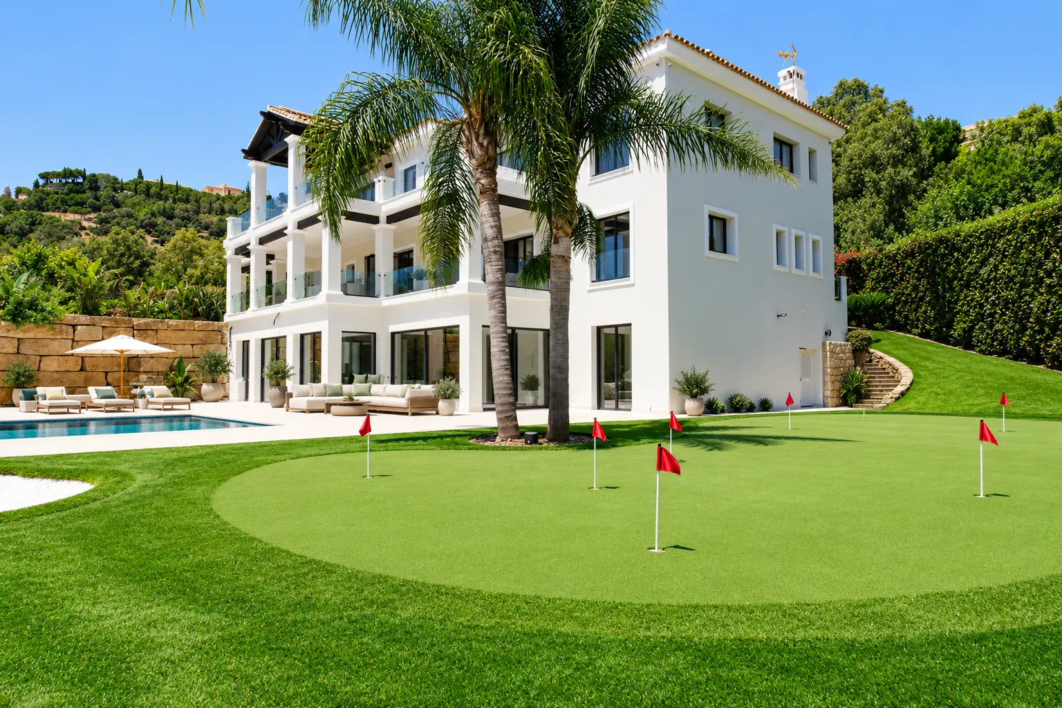 Idea de green de golf en casa junto a una villa con piscina