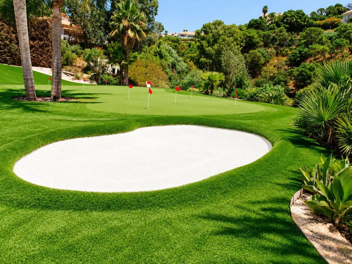 Idea de green de golf con búnker en un jardín