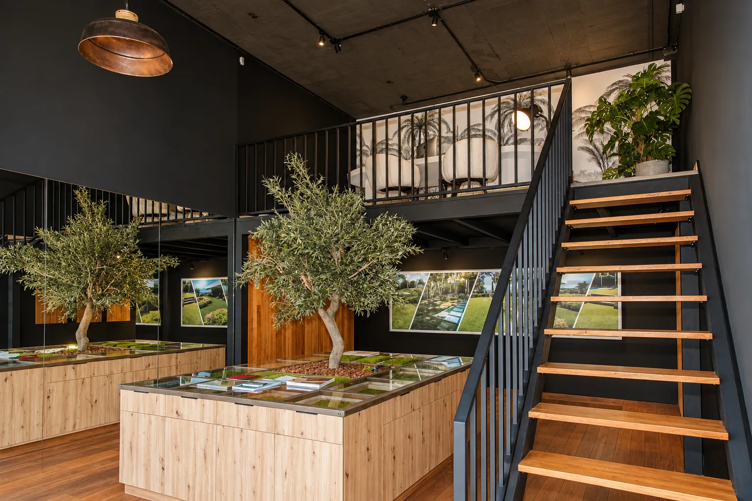 Interior de la tienda SuperGrass de césped artificial, con muestras y olivos